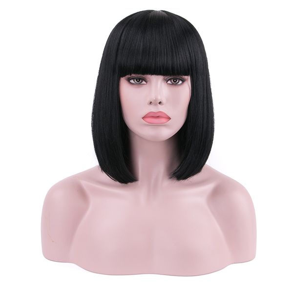 

short straight synthetic wig with bangs for women black bob wig heat resistant cosplay costume wigs