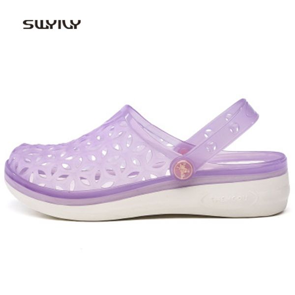 

swyivy women aqua sandals jelly hole breathable beach shoes 2018 new summer anti-slip hollow flat heel female wading slippers
