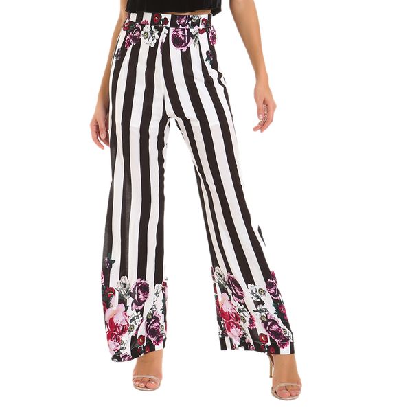 

plus size black white stripe floral print wide leg pants women clothes elegant ladies fashion trousers casual loose streetwear
