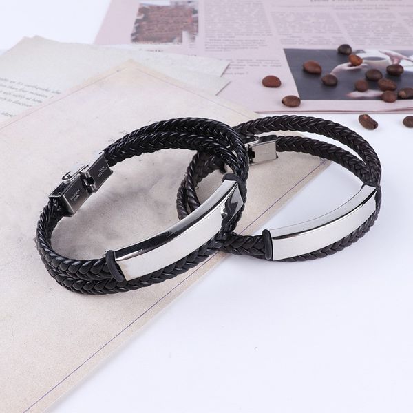 

stainless steel charm stackable layered bracelet leather braided black bracelet for men's hand jewelry, Golden;silver