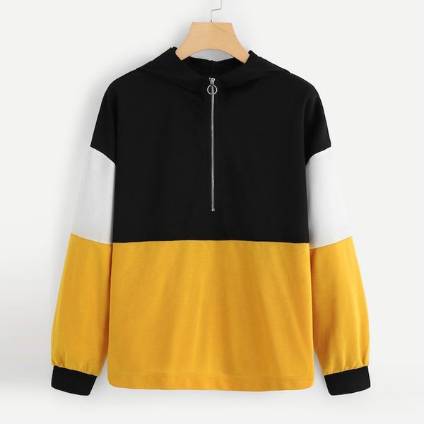 

women sweatshirt zipper hoodie harajuku jumper long sleeve patchwork color block sweatshirt pullover sudadera mujer moletom, Black