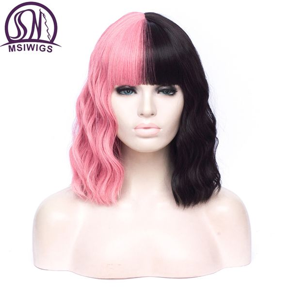 

msiwigs short two tone black pink red purple color wig cosplay bobo synthetic ombre wavy for white woman cos