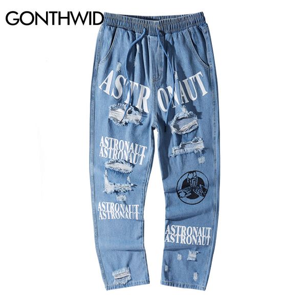 

gonthwid graffiti print distressed ripped destroyed denim pants jeans trousers streetwear hip hop punk rock hipster pants fashion casual, Blue