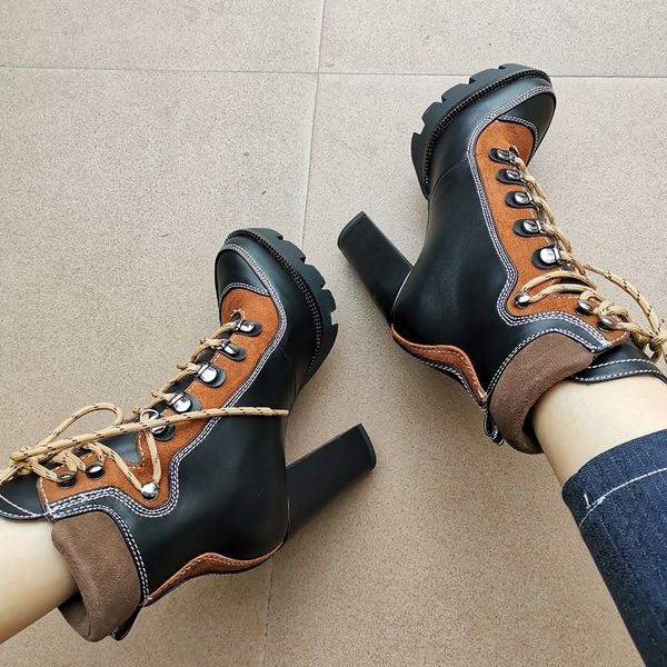 

2019 spring autumn new fashion platform ankle boots women 12cm thick heel platform boots ladies worker boots black brown shoes t04
