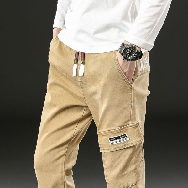 

fashion streetwear men jeans loose fit spliced denim cargo pants japanese vintage hip hop jeans men khaki jogger pants, Blue