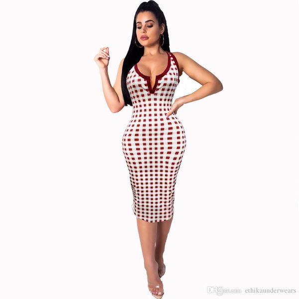 

fashion designer plaid printed v neck vintage dresses ladies hollow out column dresses designer sleeveless dresses, White;black
