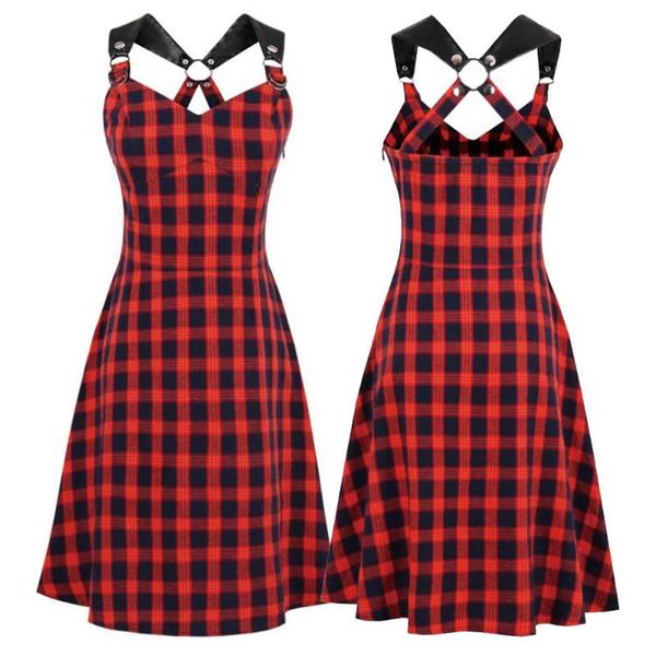 

2020 woman summer gothic dress patchwork red plaid print punk rock dress cross strap plus size vintage short vestidos, Black;gray