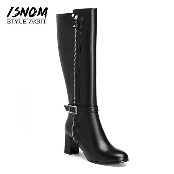

easy walking square high heels knee boot genuine leather winter footwear zip rubber female shoes woman buckle strap, Black