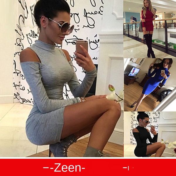 

женское дизайнерское платье с высоким воротником с плеча с длинным рукавом обтягивающее платье, Black;gray