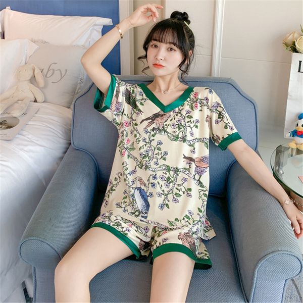 

classic flora printed women sleepwear trendy v-neck pattern lady pajamas set classic soft touch girls nightgowns, Blue;gray