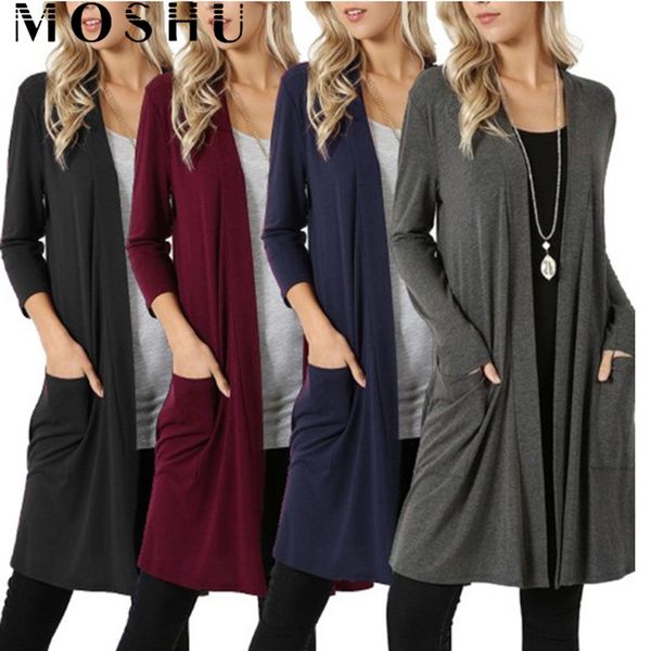 

women cardigan autumn pocket long coat female casual sweater long sleeve knitted outwear plus size 2019 fashion, White