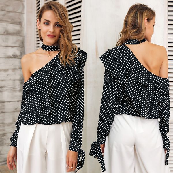 

septhydrogen brand fashion one shoulder polka dot blouse shirt women ruffle lantern sleeve chiffon blouse summer autumn top, White