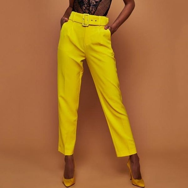 

whtie pants women high waist pants sashes pockets office ladies fashion middle aged pink yellow with sashes, Black;white