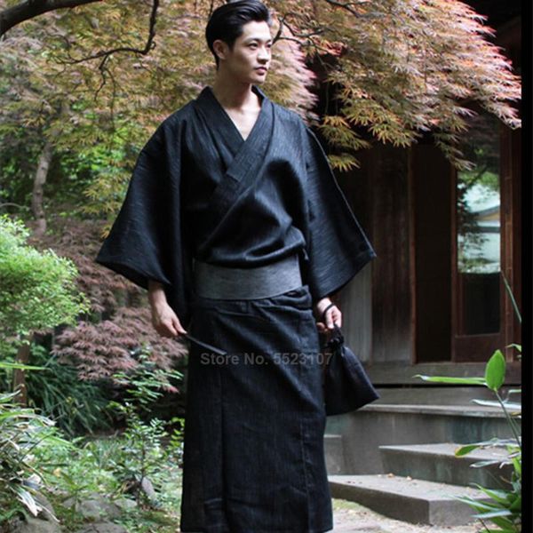 

traditional japanese kimono yukata mens 95% cotton dressing gown male lounge robes with belt plus size summer pajamas set, Black;brown