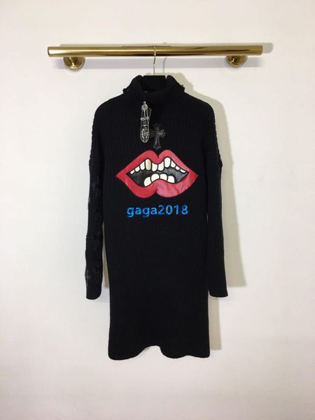 

high end женщины девушки вязать короткая рубашка платье пэчворк губы крест патч черепаха шеи с длинным рукавом юбка мода дизайн роскошные св, Black