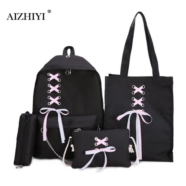 

4pcs/set ribbon chain bowknot letter mochila canvas backpack travel rucksacks leisure backpacks for teenage girls school bagpack