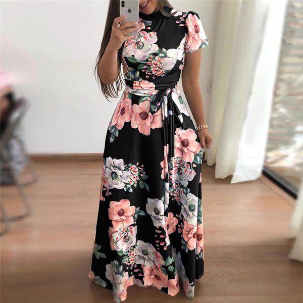 

women long maxi dress 2020 boho floral print summer dress casual short sleeve turtleneck bandage bodycon party dress vestidos, Black;gray