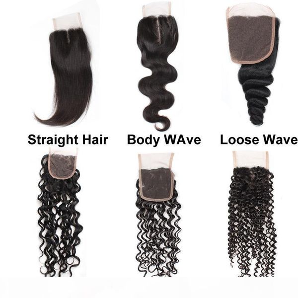 

meetu 8a brazilian virgin human hair 4*4 swiss lace closure straight hair body loose deep curly water wave middle three part, Black;brown
