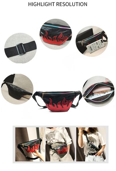 

новое прибытие flame pattern fanny pack поясная сумка с пламенным пламенем пляжные сумки кошельки открытый pu сумка 2 цвета