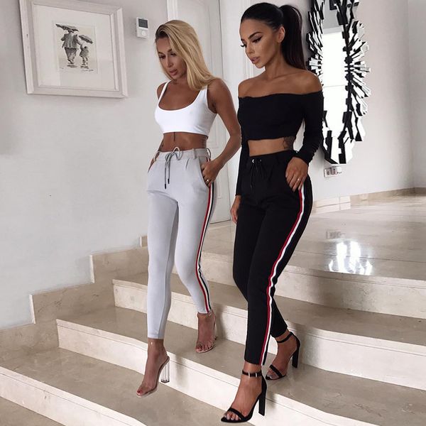 

women trousers side women stripe leggings pants ladies vintage elasitic waist ankle length pants fashion casual trousers drop shipping, Black;white