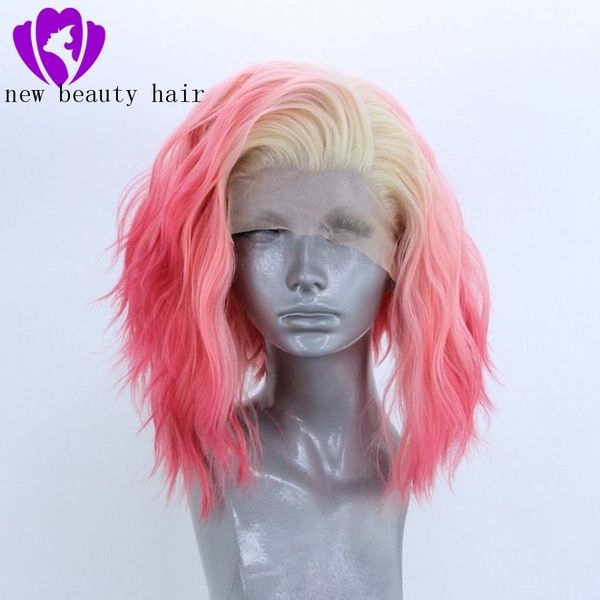 

high temperature fiber 360 frontal short loose wave full hair wigs ombre pink color synthetic lace front wig for women with part, Black;brown