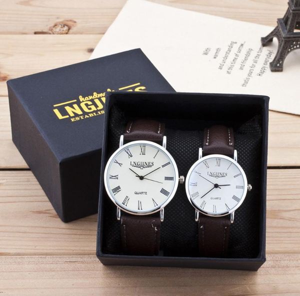 

fashion high gloss glass leather belt watch 2pcs couple set contains box reloj parejas pareja couple watch erkek kol saati 2019, Slivery;brown