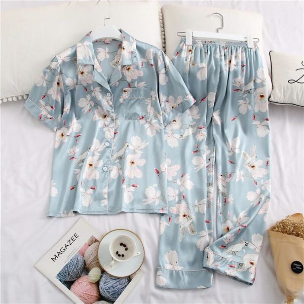 

silk satin women pajamas set printing pattern rayon sleepwear summer short sleeve pants suit nightwear home clothing, Blue;gray