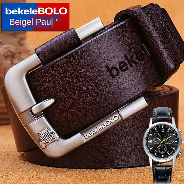 

send watch men's watch leather pin buckle belt young and middle-aged leisure cowhide belt, Black;brown