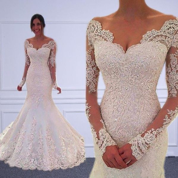 

Vintage Mermaid 2019 Long Sleeve Wedding Dresses Gorgeous Full Lace Appliqued Beads Bridal Gowns V Neck Elegant Garden Beach Wedding Dress