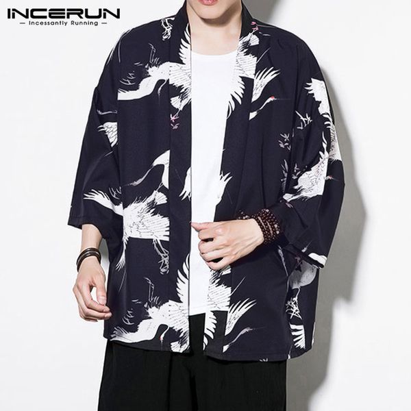 

incerun chinese style printing men outerwear cardigan retro trench long sleeve coats japanese kimono jackets men clothing 2019, Tan;black