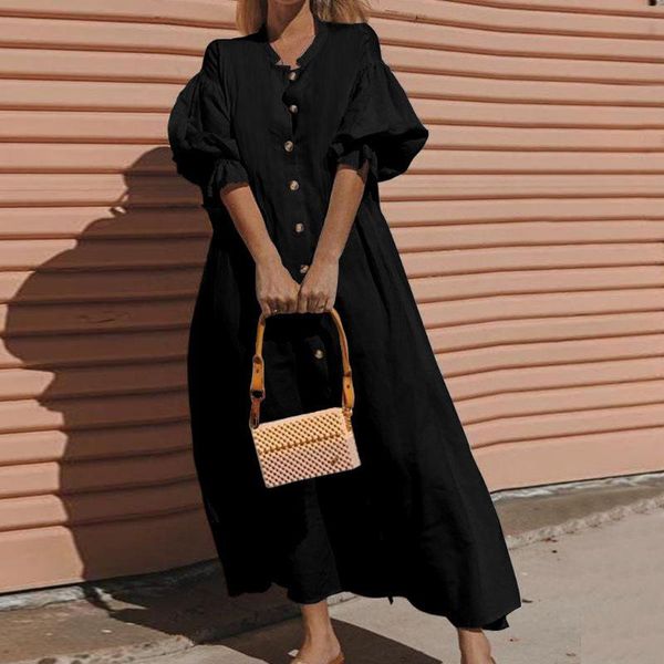 

fashion white dress women solid lantern sleeve button dress cotton and linen cardigan long summer boho style beach, Black;gray