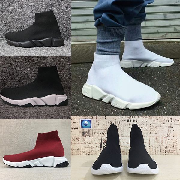 

скорость тренер сапоги носки стрейч-вязать высокий топ тренер обувь дешевые кроссовки черный белый женщина мужчина пары обувь повседневные с, Black