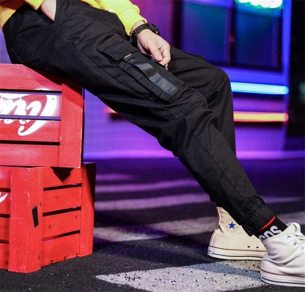 

большой карман мужские брюки-карго шнурок свободные мужские брюки-карандаш повседневная мода дышащие расслабленные мужские брюки, Black