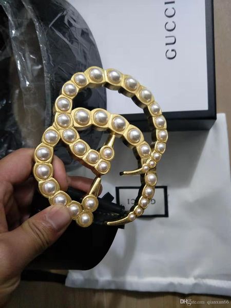 

2020 luxury fashion men's & women's leather belt gold pearl buckle width: 2.0 3.4 3.8cm + white box, Black;brown