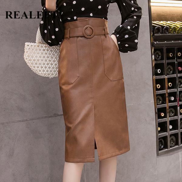 

skirts realeft autumn winter sashes women pu leather sheath midi high waist knee-length wrap with pocket saia female, Black