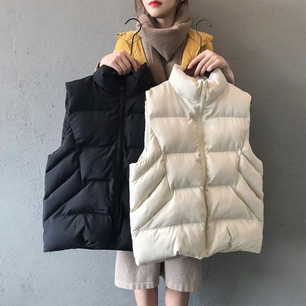 

2019 women winter warm vest coat stand collar women fashion cotton down vest beige chaleco mujer gilet casaco feminino, Black;white