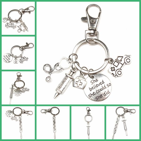 

fashion ancient silver doctor aid kit mini syringe thermometer ambulance dentist angel stethoscope keychain medicine graduate gift souvenir, Slivery;golden