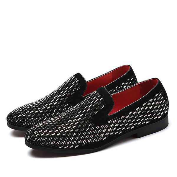 

37~48 large size black suede rhinestone loafers men formal wedding leather shoes mens crystal flat loafer slip on dress shoes