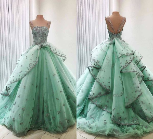 

2020 real image sage evening dresses straps beads appliqued a line tiered prom dress sweep train formal party quinceanera reception gowns, Black