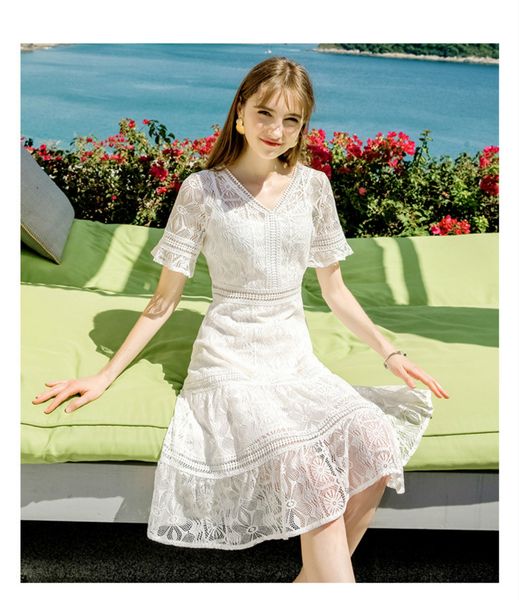

new woman luxury clothes brand womens temperament v-neck solid color a-line skirt chic lady lace dress 2020 summer new fashion trend, Black;gray