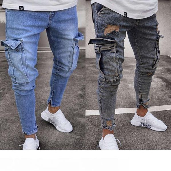 

retail west denim pants designer clothes rockstar justin bieber ankle zipper destroyed skinny ripped jeans for men fear of god, Blue
