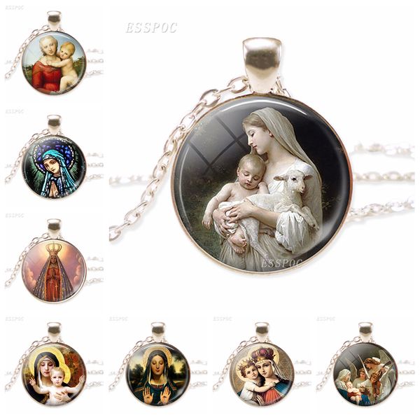 

virgin mary and baby jesus christian catholicism jewelry silver necklace blessed mother religious art glass dome pendant gift