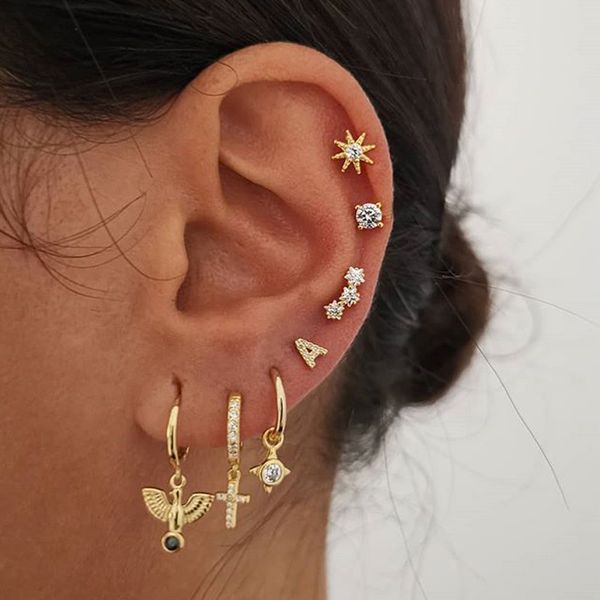 

kinfolk gold small cross hoop earrings for women ear clip hoops earring dangle stud women's fashion jewelry earings set 2020, Golden;silver