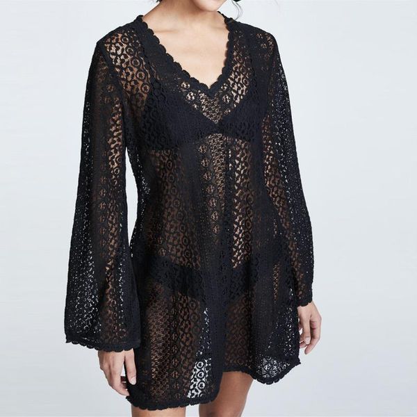 

cover-ups women fashion lace v-neck solid bikini cover up swimwear femme hollow beach dress v neck swimsuit smock blouse mujer pareo