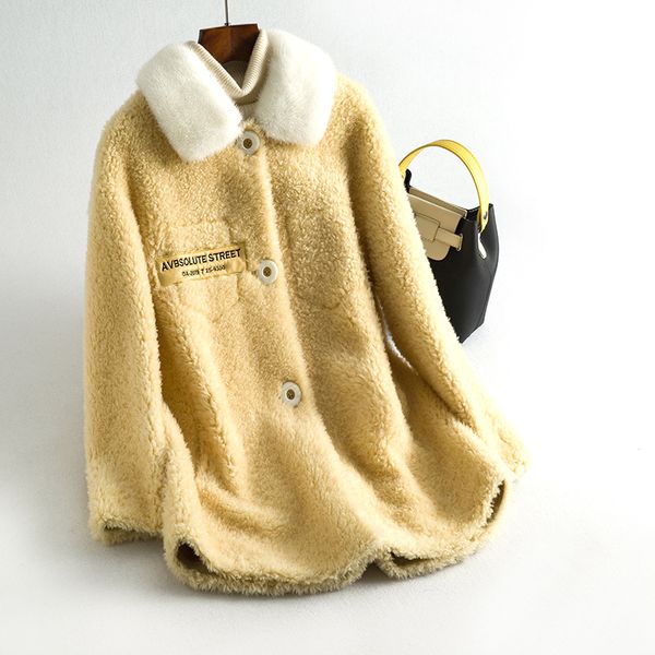 

women's fur & faux real coat collar wool jacket autumn winter women clothes 2021 korean vintage sheep shearling suede lining 3739, Black