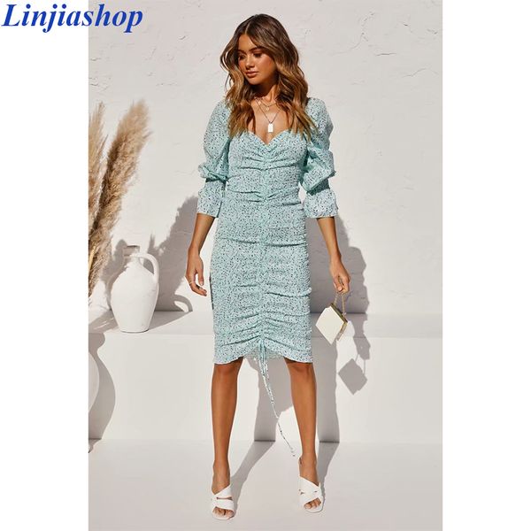 

linjiashop vintage square neck floral print dress women 2020 long sleeve bodycon midi dress boho beach vestidos dropshipping, White;black