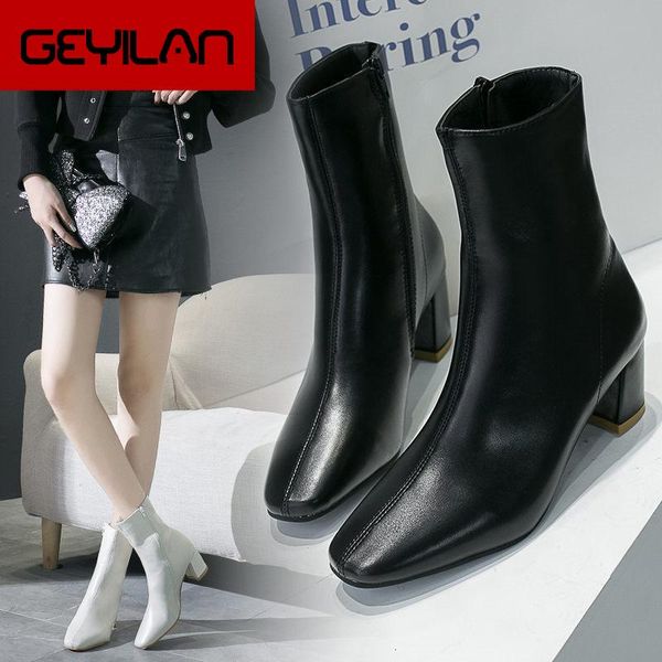 

white black women boots 2019 comfy square high heel ankle boots fashion pointed toe zipper autumn winter ladies shoes
