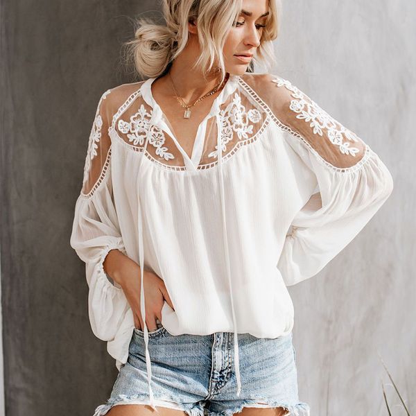 

women blouses 2019 fashion lantern sleeve v-neck office shirt chiffon blouse shirt casual plus size blusas femininas, White
