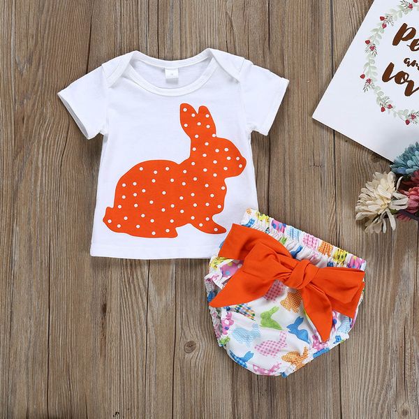 

2020 summer newborn baby girls boys clothes infant baby easter day cartoon rabbit print t-shirts +bow shorts outfits, White
