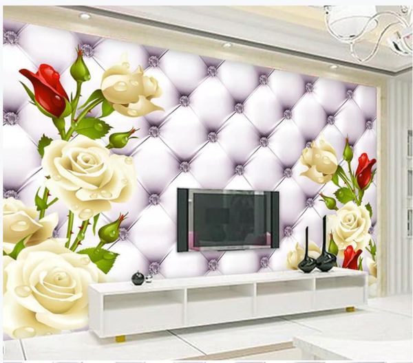 

3d wall murals wallpaper white rose leather soft pack tv background wall
